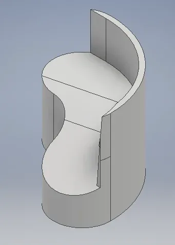 A grey 3D model of a curved, cup-shaped arm support with a raised back wall, shown at an angle.